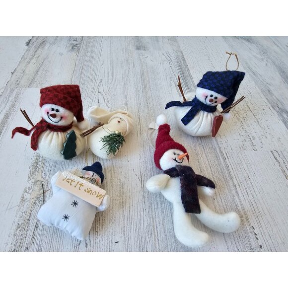 Plush folk art snowman set tree Xmas heart decor shabby chic - Picture 1 of 11